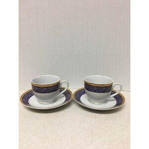 Sorelle Fine Porcelain Cobalt Blue Gold Set of 2 Cups and 2 Saucers Hand Crafted